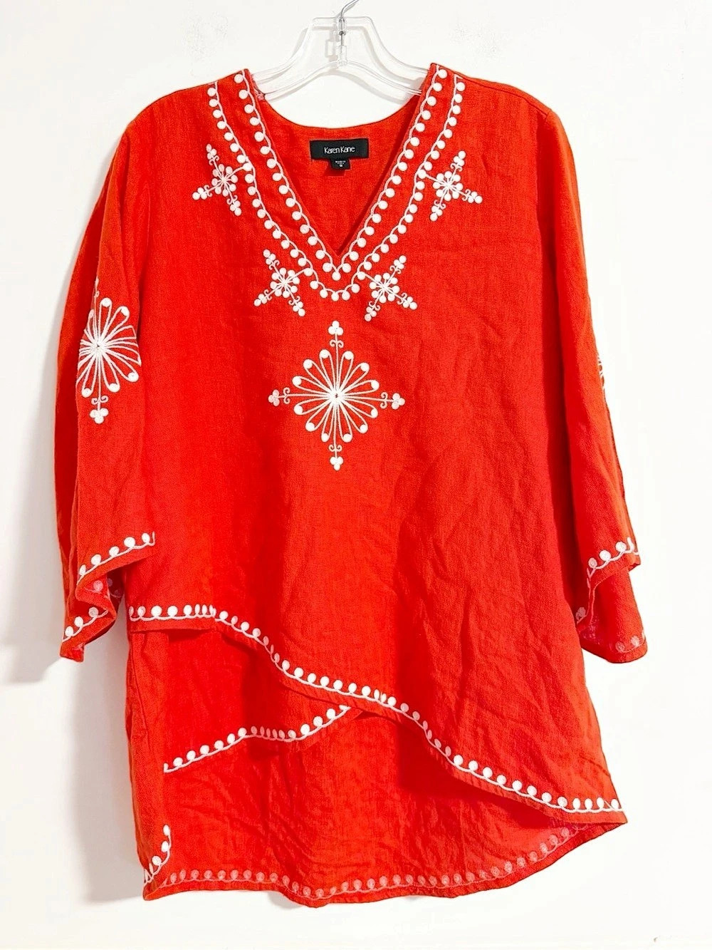 Karen Kane Embroidered Linen Blend Tunic Top Red Orange Medium